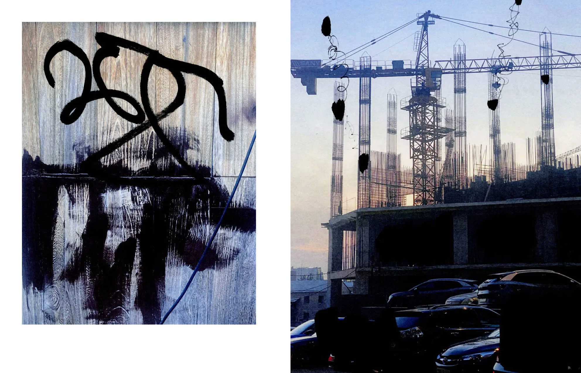 Spread from Alt snakker: black brush calligraphy on weathered wood, and a construction site with crane at dusk