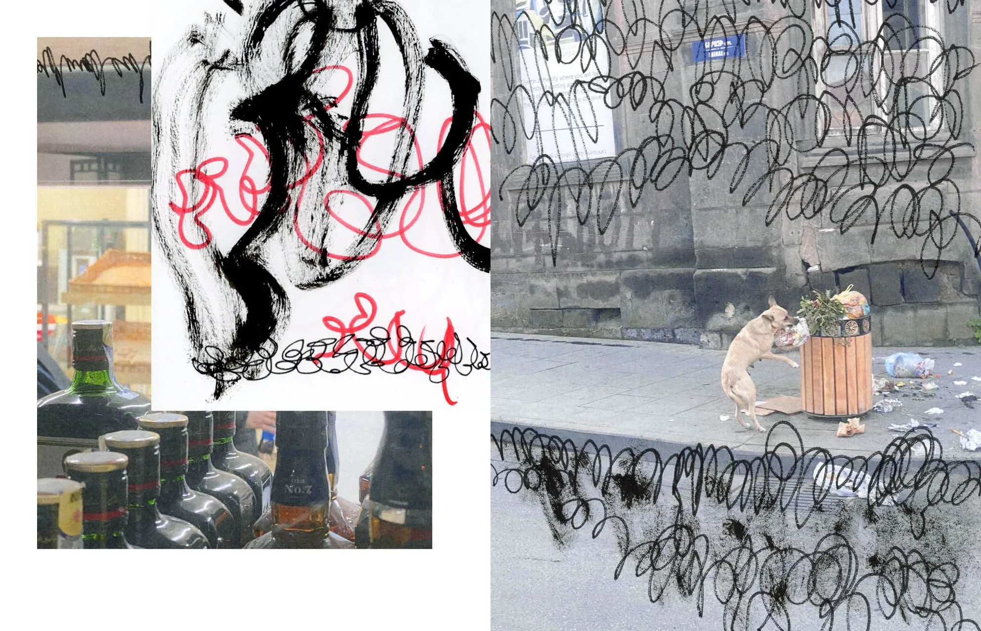 Book spread collage with bottles, black and red ink scribbles, and a dog scavenging from a bin