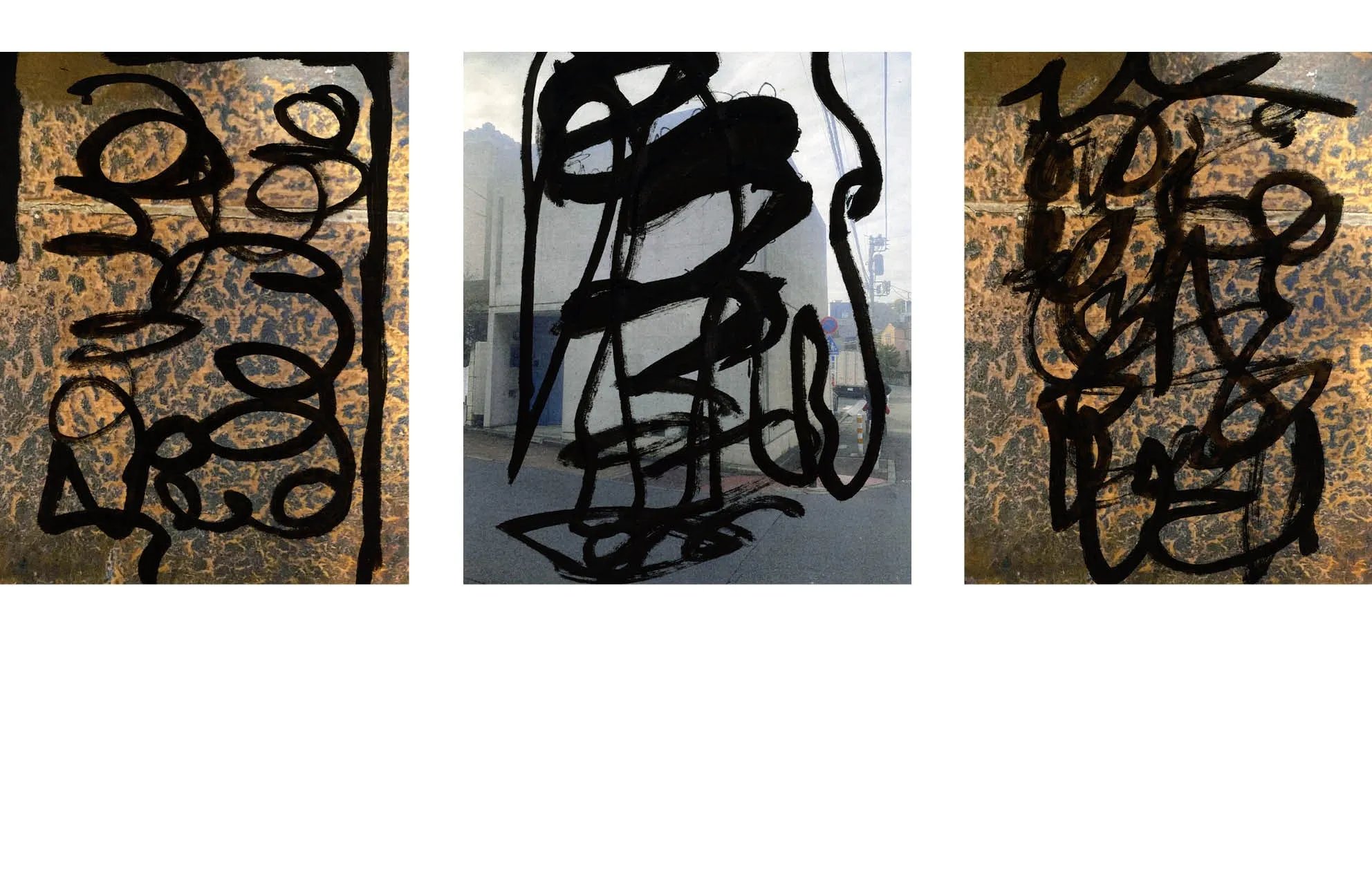 Book spread with three photos on orange and street backgrounds overdrawn with thick black brush loops