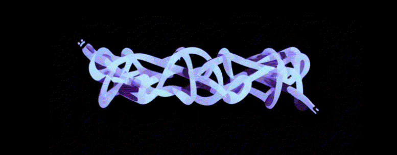 Glowing purple-blue tangled shape on black background, first frame of an animated loop for FEBER