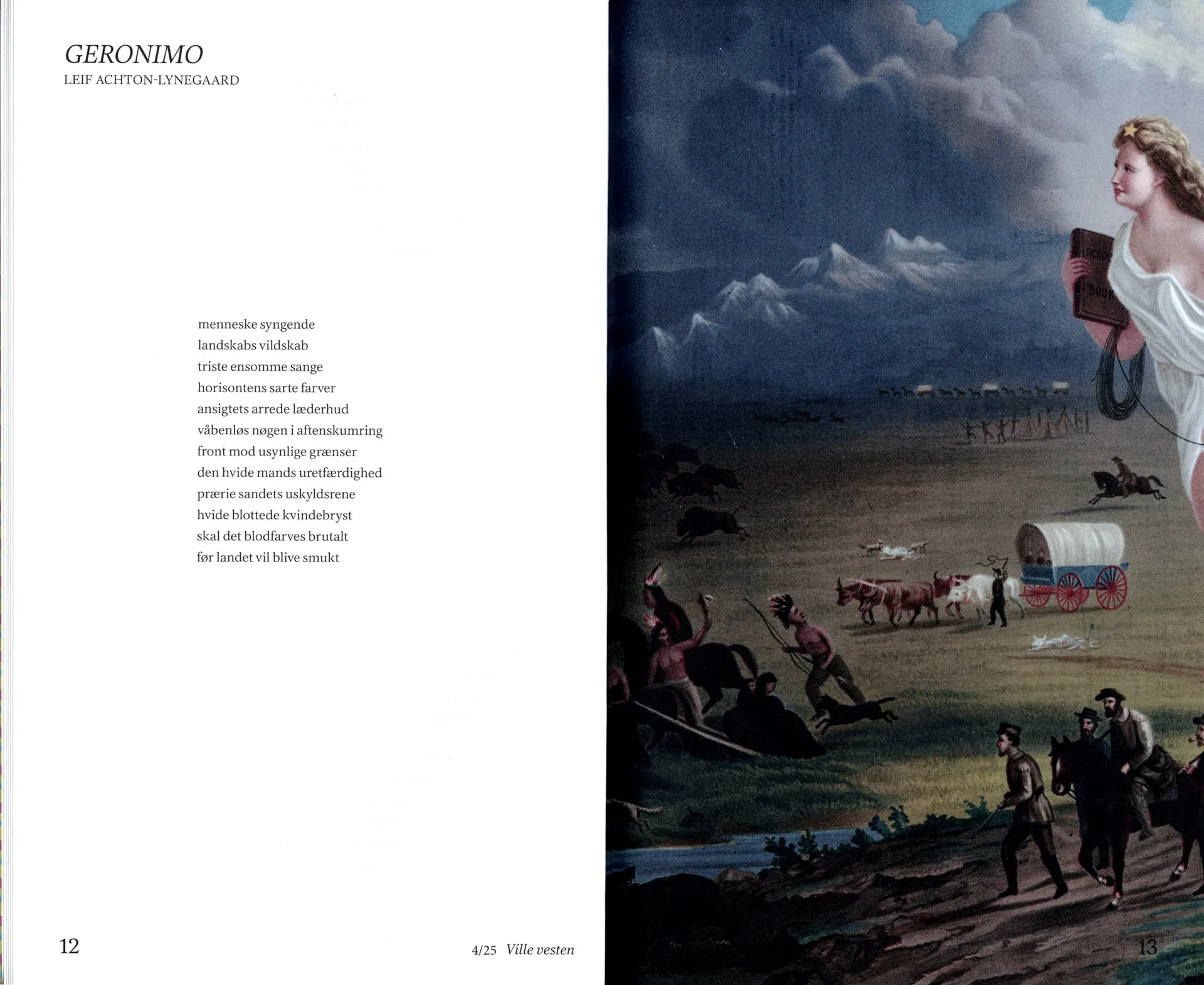 Filologen 4/25 Ville vesten spread with the poem Geronimo beside a painted frontier scene