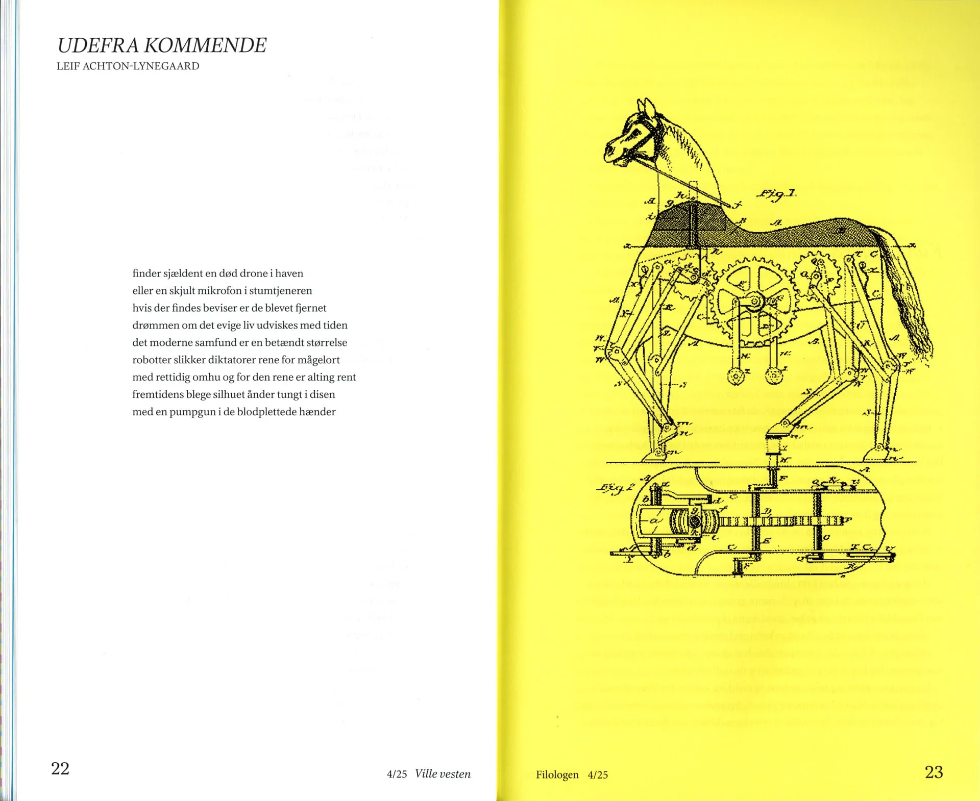 Filologen 4/25 spread with a poem on the left and a patent drawing of a mechanical horse on yellow paper