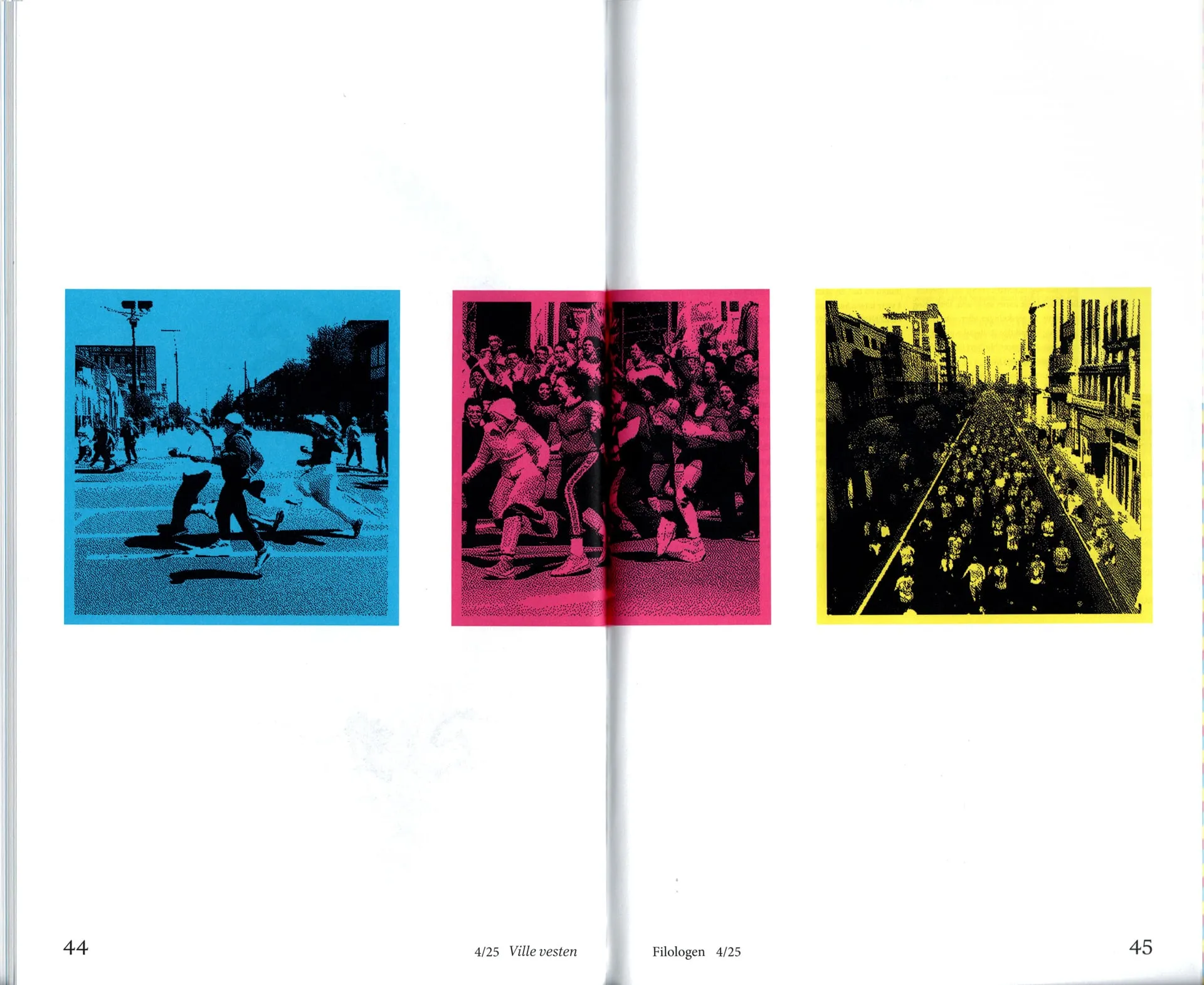 Spread from Filologen 4/25 with three halftone street photos in blue, pink and yellow on white pages