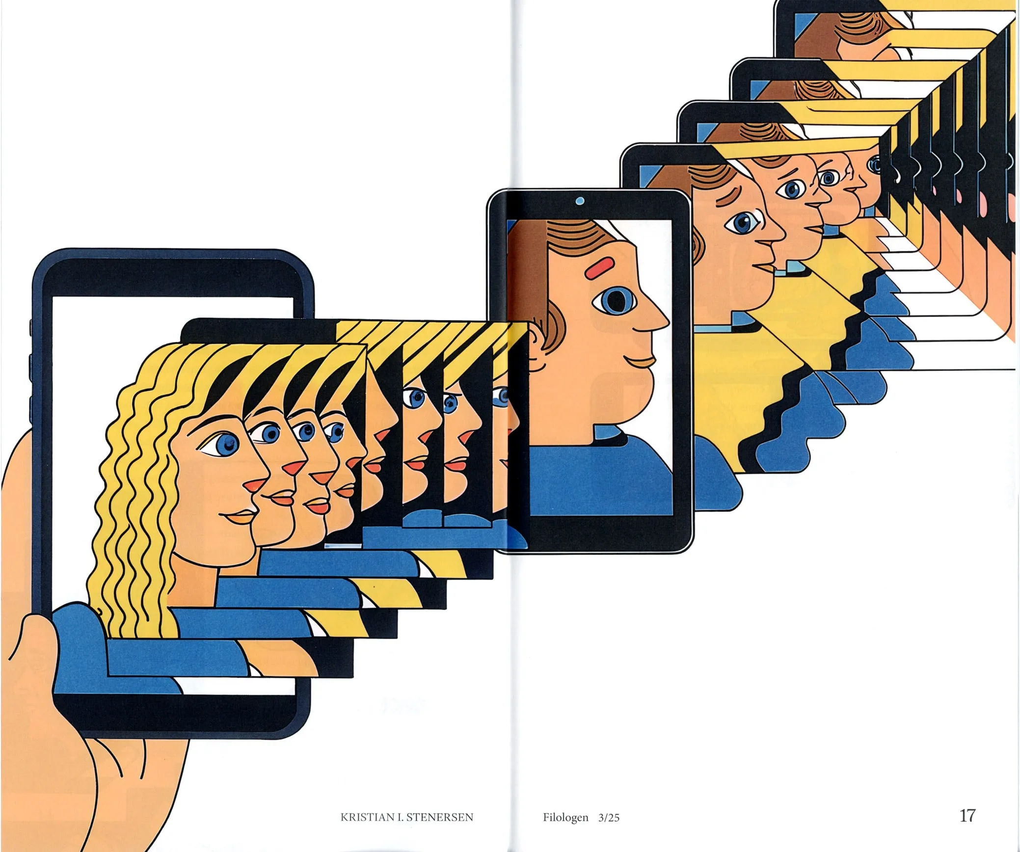 Filologen 3/25 spread with an illustration of faces in profile repeated across phone and tablet screens