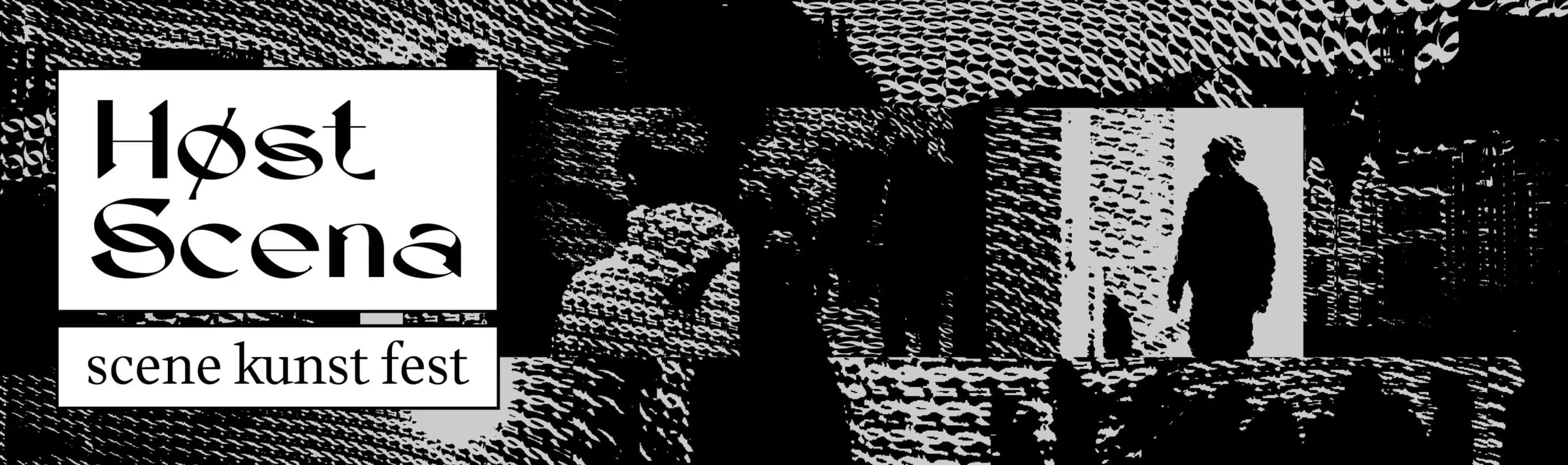 Header for Høstscena, 'scene kunst fest', in white boxes over a black and grey textured collage