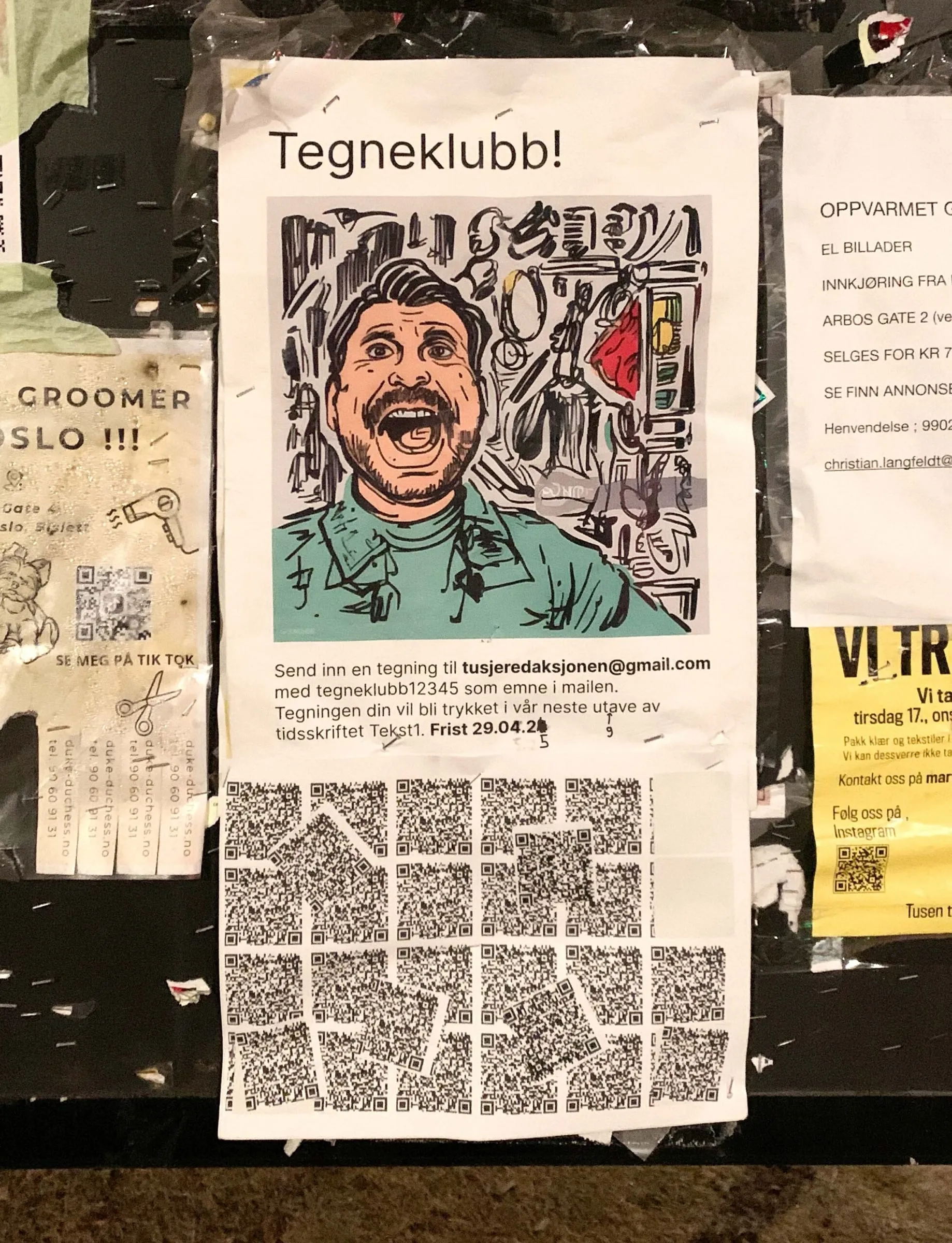 Tegneklubb flyer with a drawing of a woman with blue hair among roses, pinned on a bale of flattened cardboard
