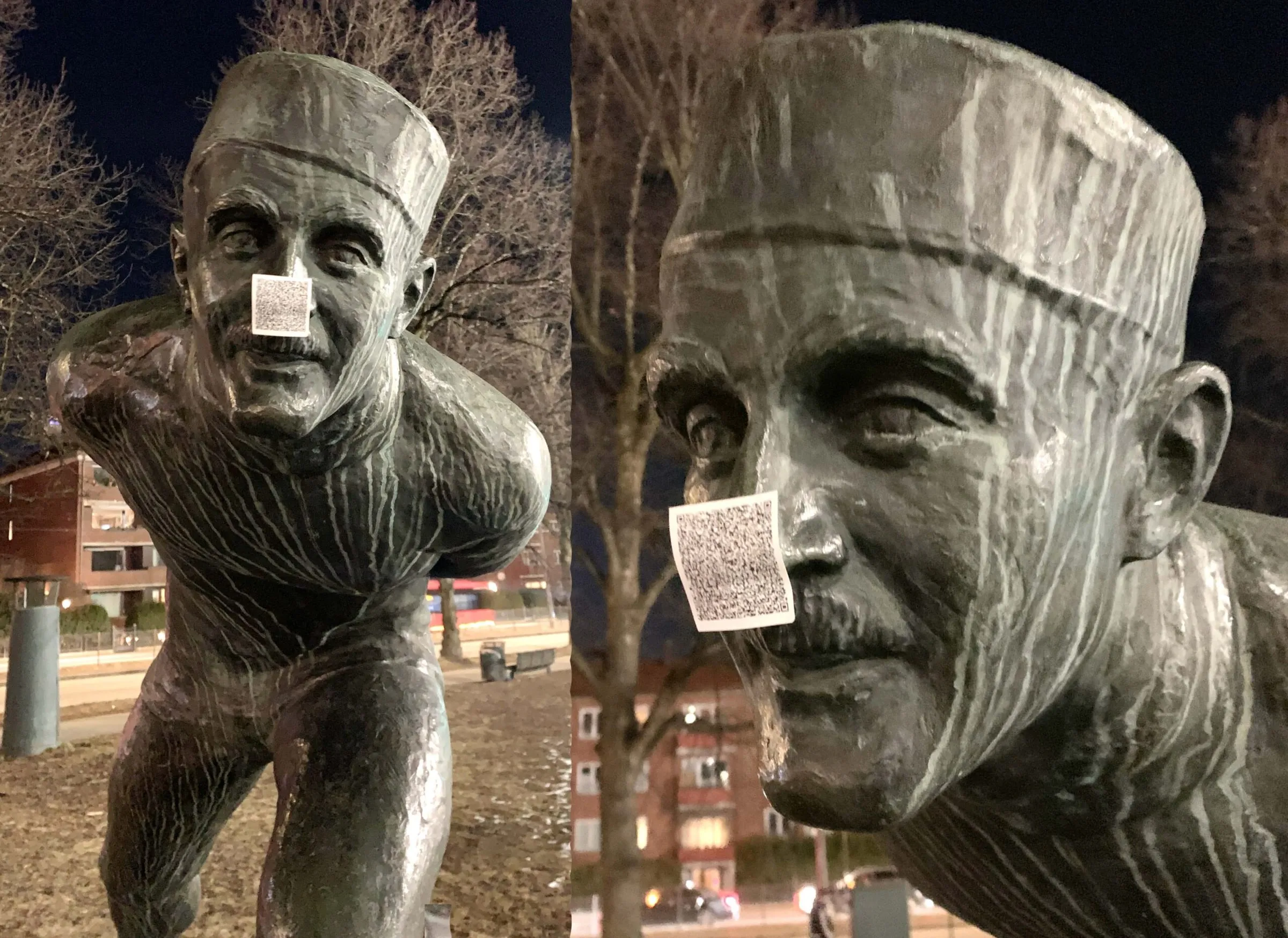 Bronze statue of a bent-over speed skater with small QR code stickers on his nose, shown in two views at night