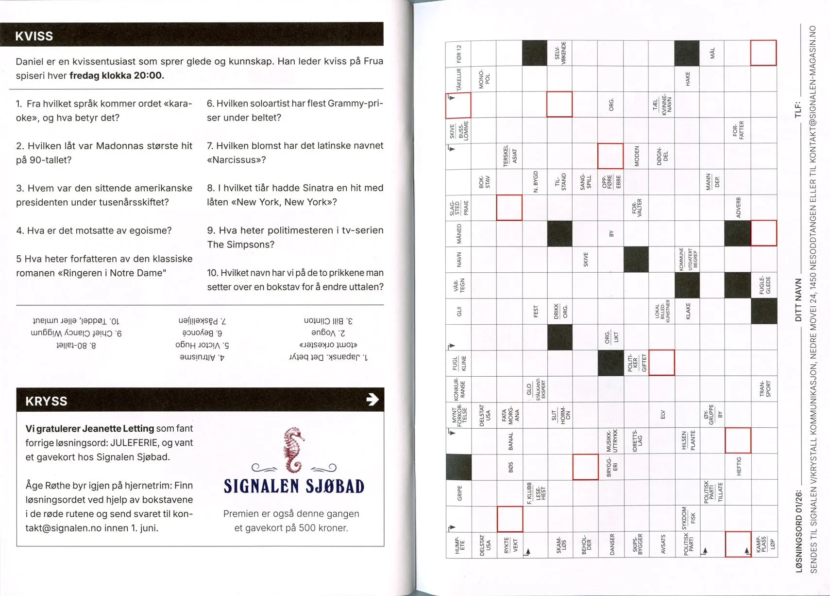 Signalen magazine spread with a quiz and a crossword puzzle, and the Signalen Sjøbad ad