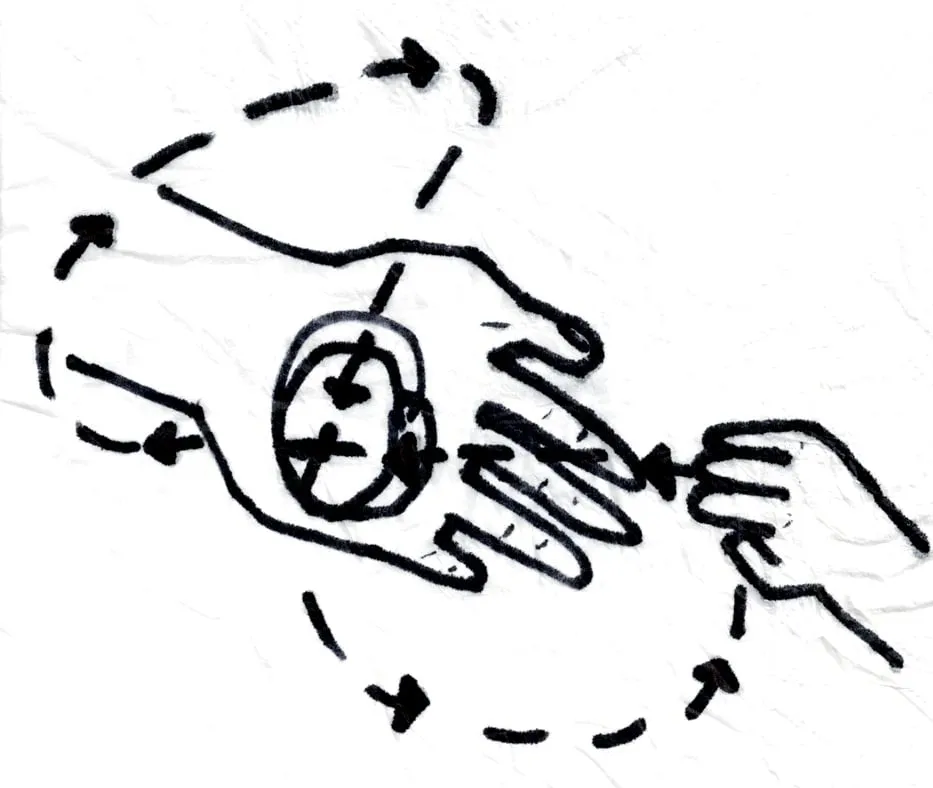 Black ink drawing of two hands with a small circle and dashed arrows around them