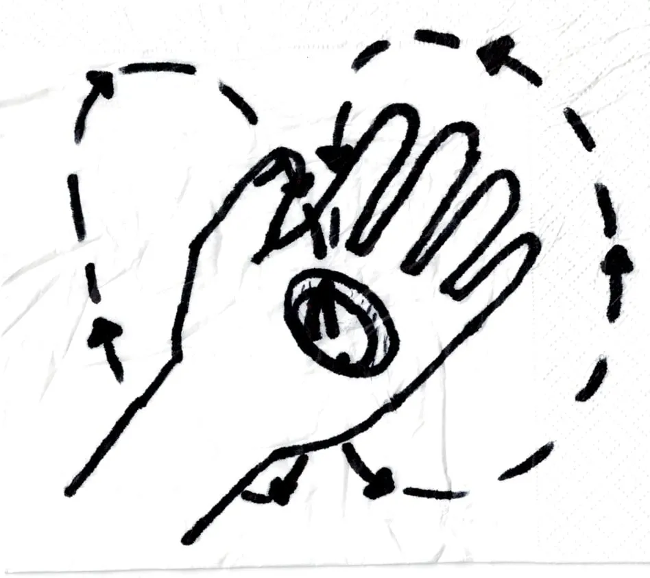 Black marker drawing of an open hand holding a small coin, with dashed circular arrows, on a napkin