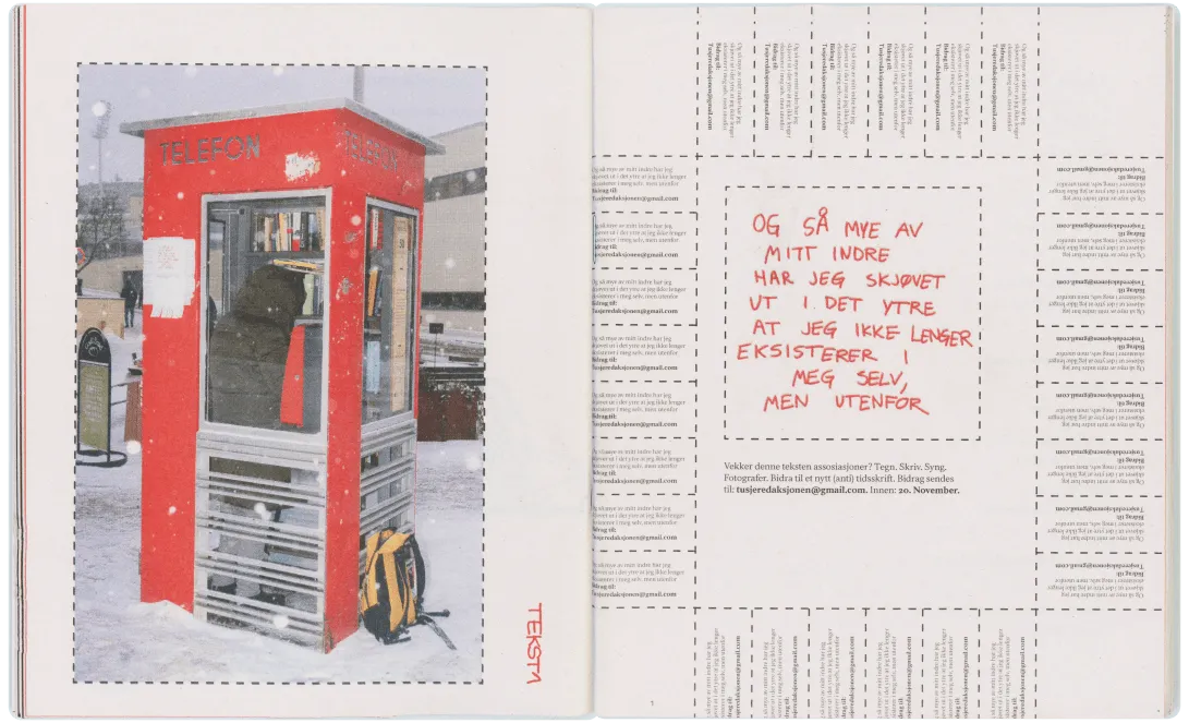 Tekst1 magazine spread with a photo of a red telephone booth and a page of tear-off contribution tabs