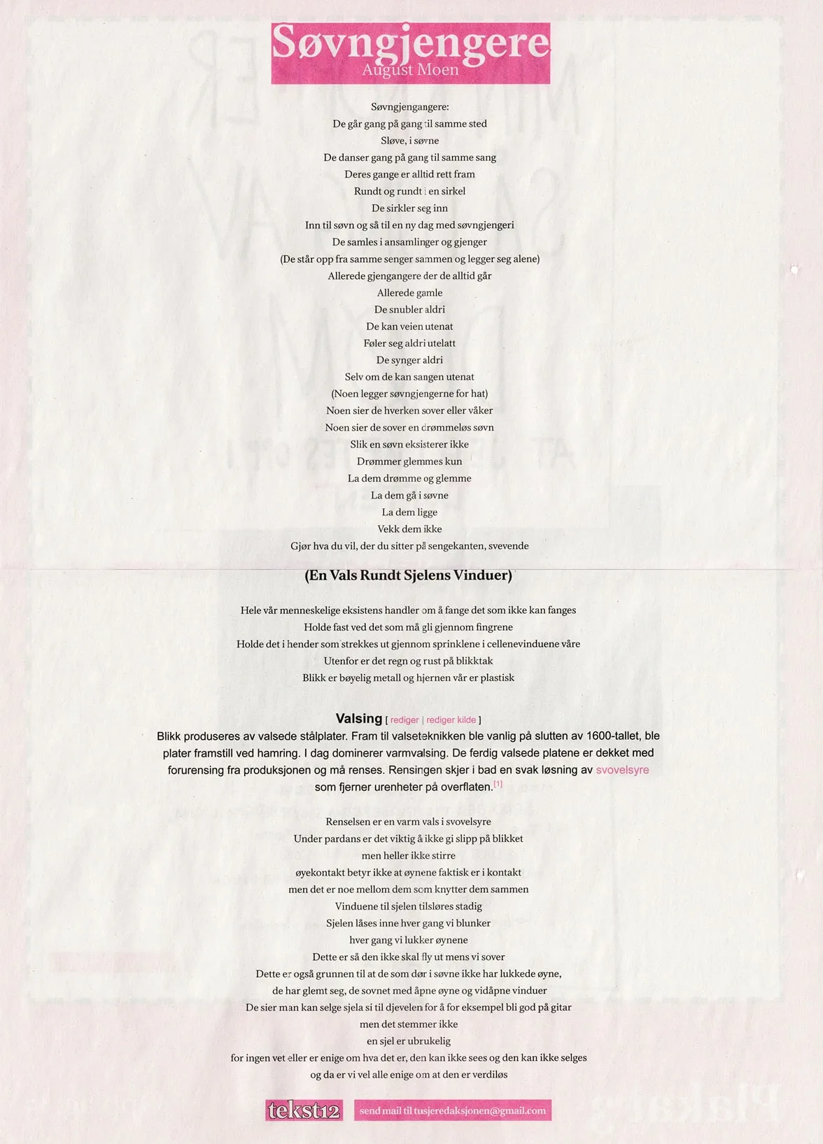 Tekst12 page with the poem Søvngjengere by August Moen under a pink title box