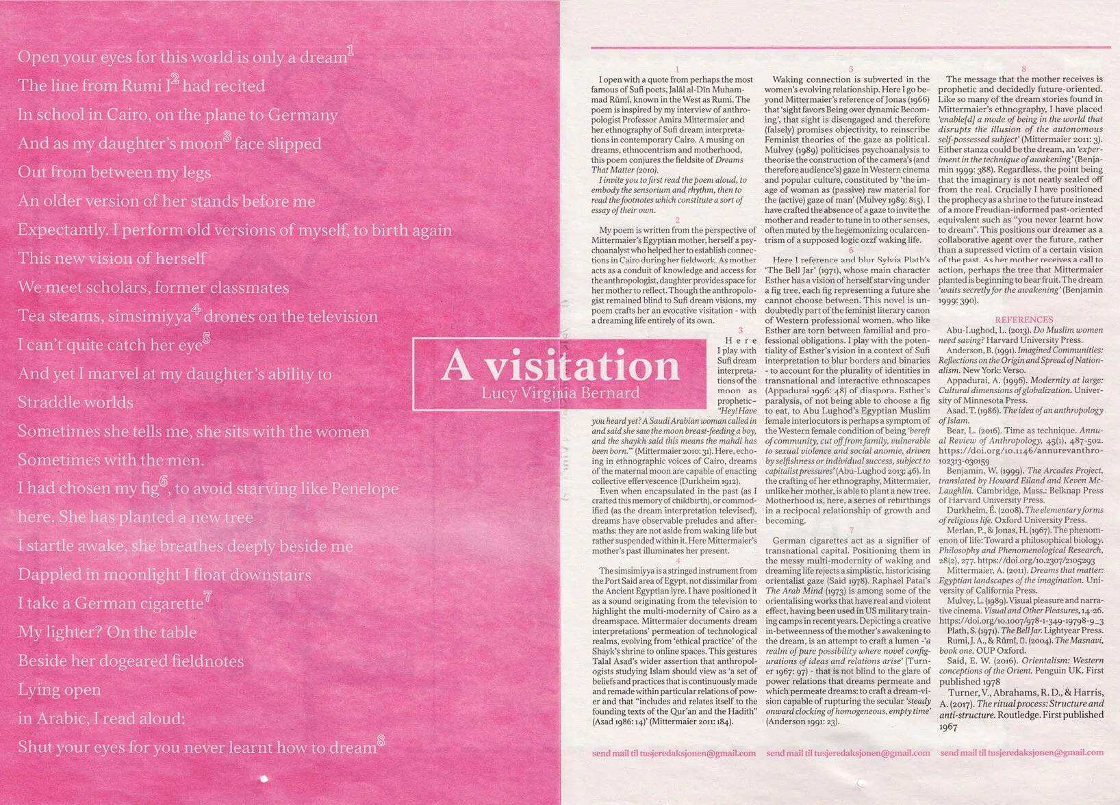 Tekst12 spread with the poem A visitation by Lucy Virginia Bernard on pink, facing footnotes