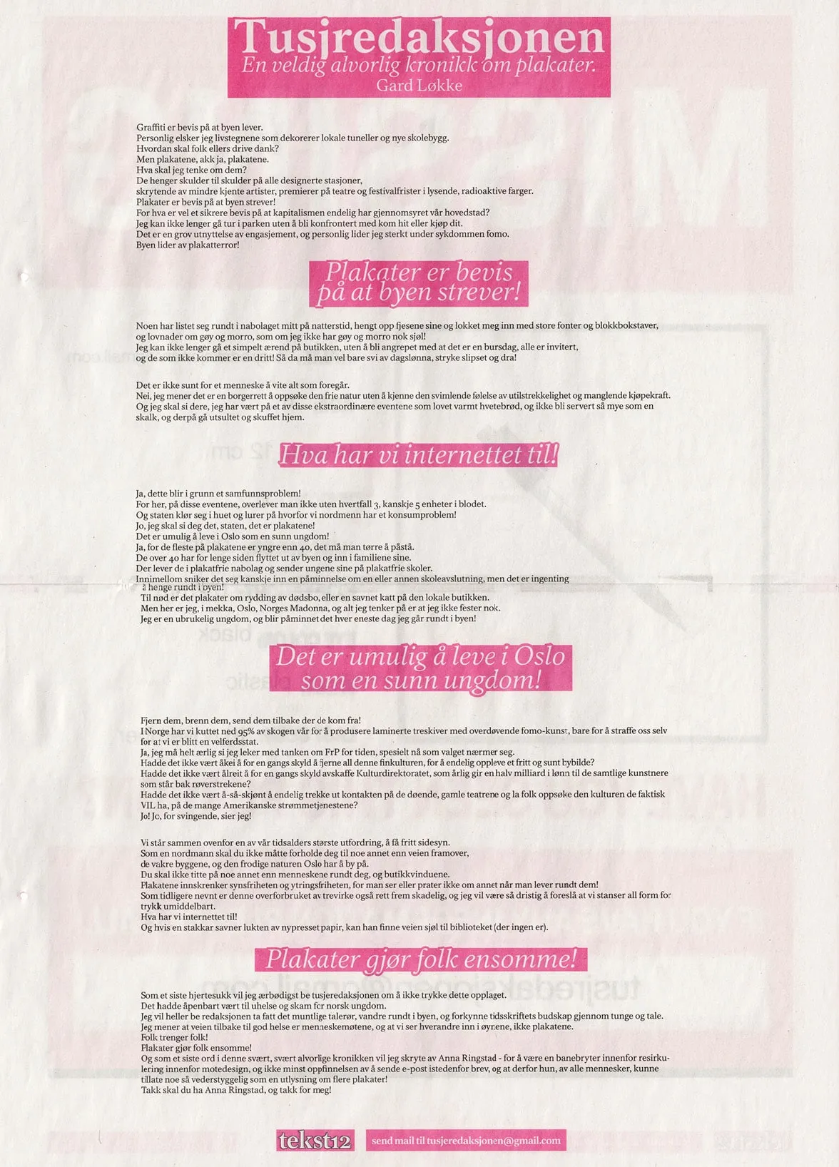 Tekst12 page with the pink-headed article 'Tusjredaksjonen: En veldig alvorlig kronikk om plakater' by Gard Løkke