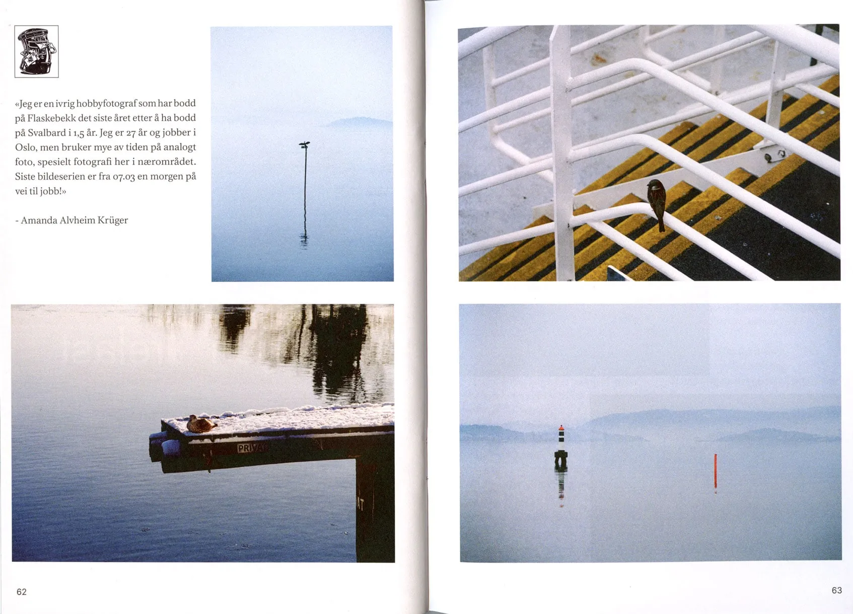 Signalen magazine spread with analogue photos of fjord scenes, a duck on a pier and a sparrow on a railing