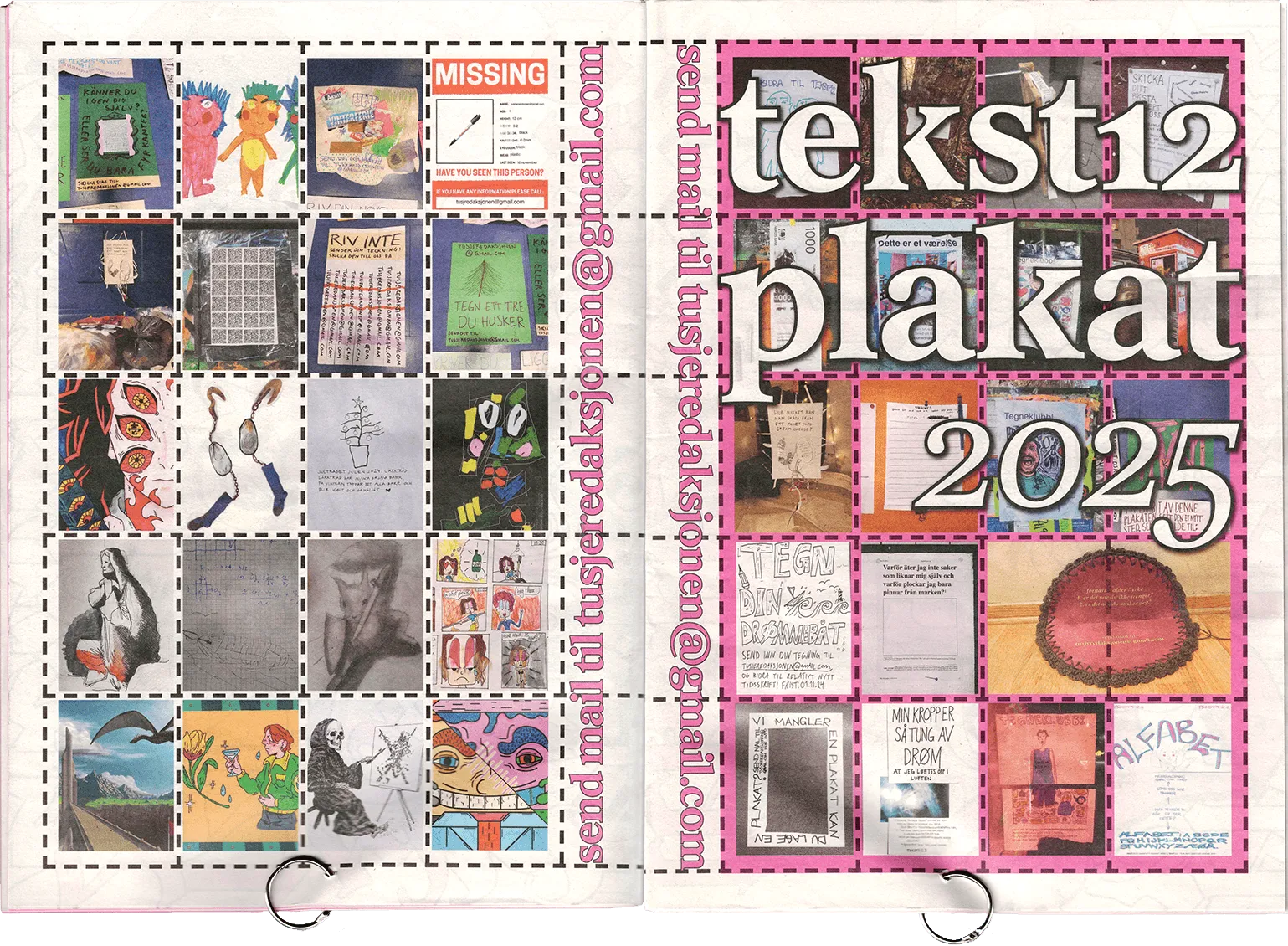 tekst12 plakat 2025 cover and back, a grid of submitted posters and drawings on pink dashed frames