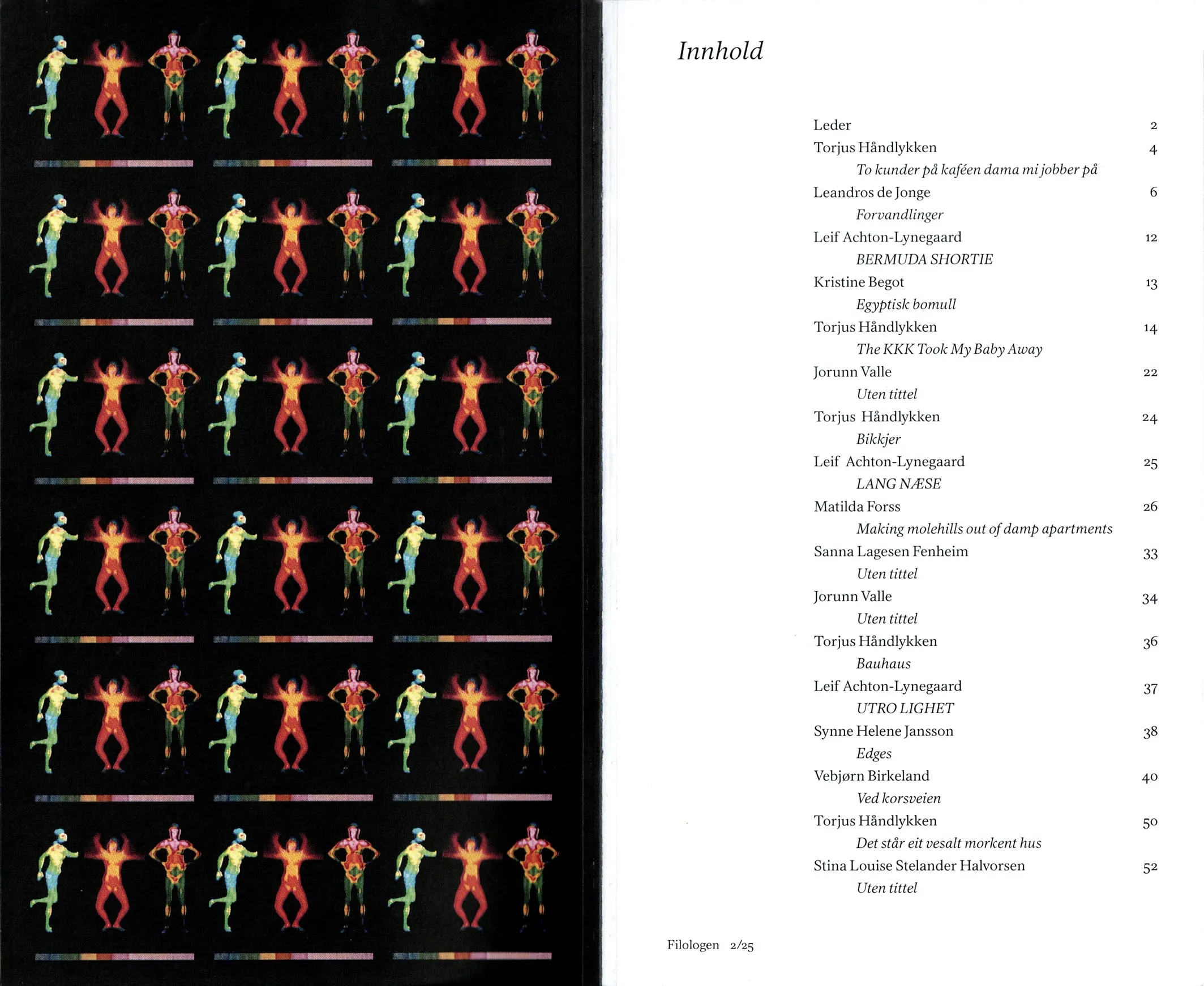 Filologen 2/25 spread with rows of colorful thermal-image figures on black, next to the table of contents