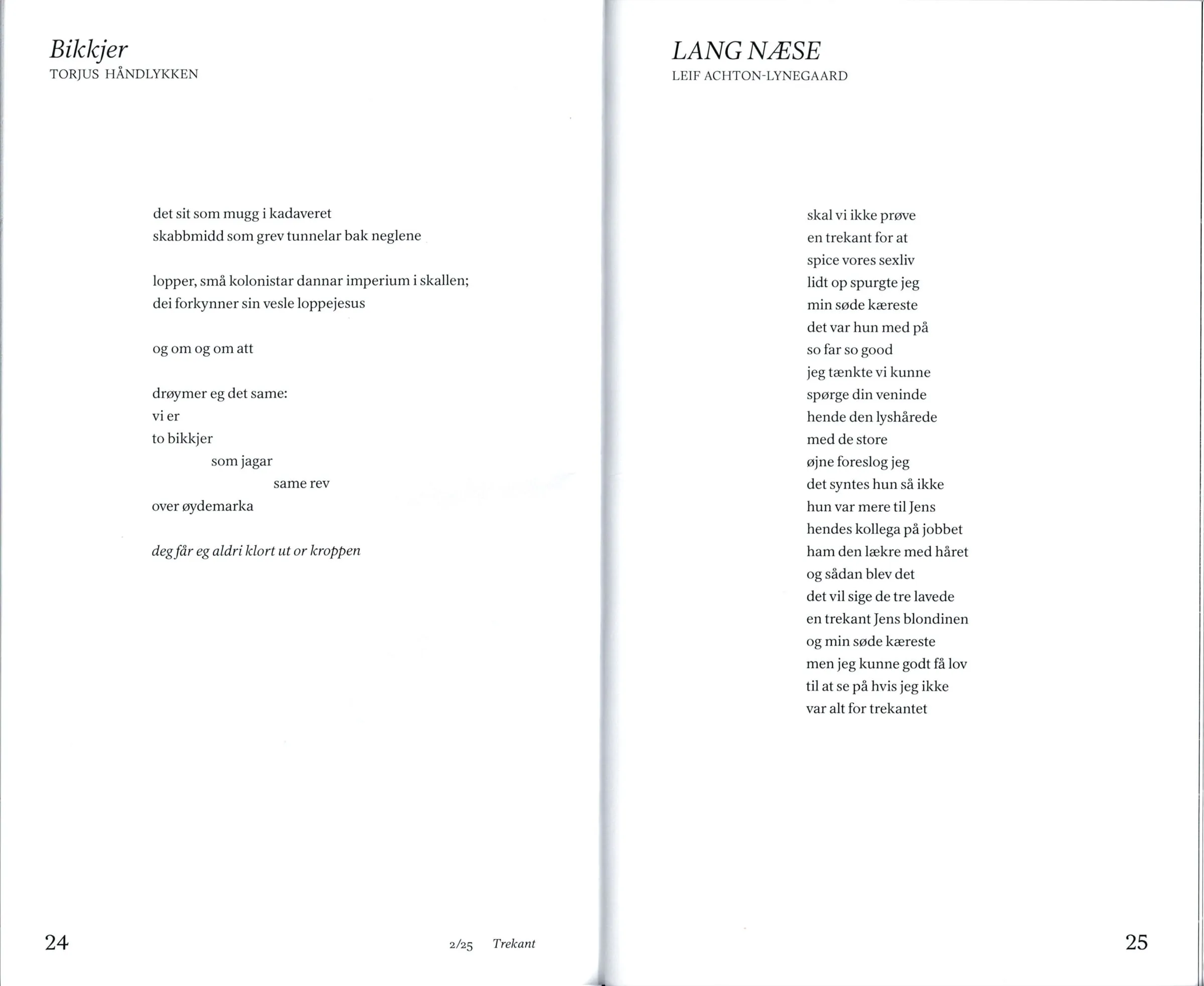 Filologen 2/25 Trekant spread with the poems Bikkjer and Lang næse on white pages