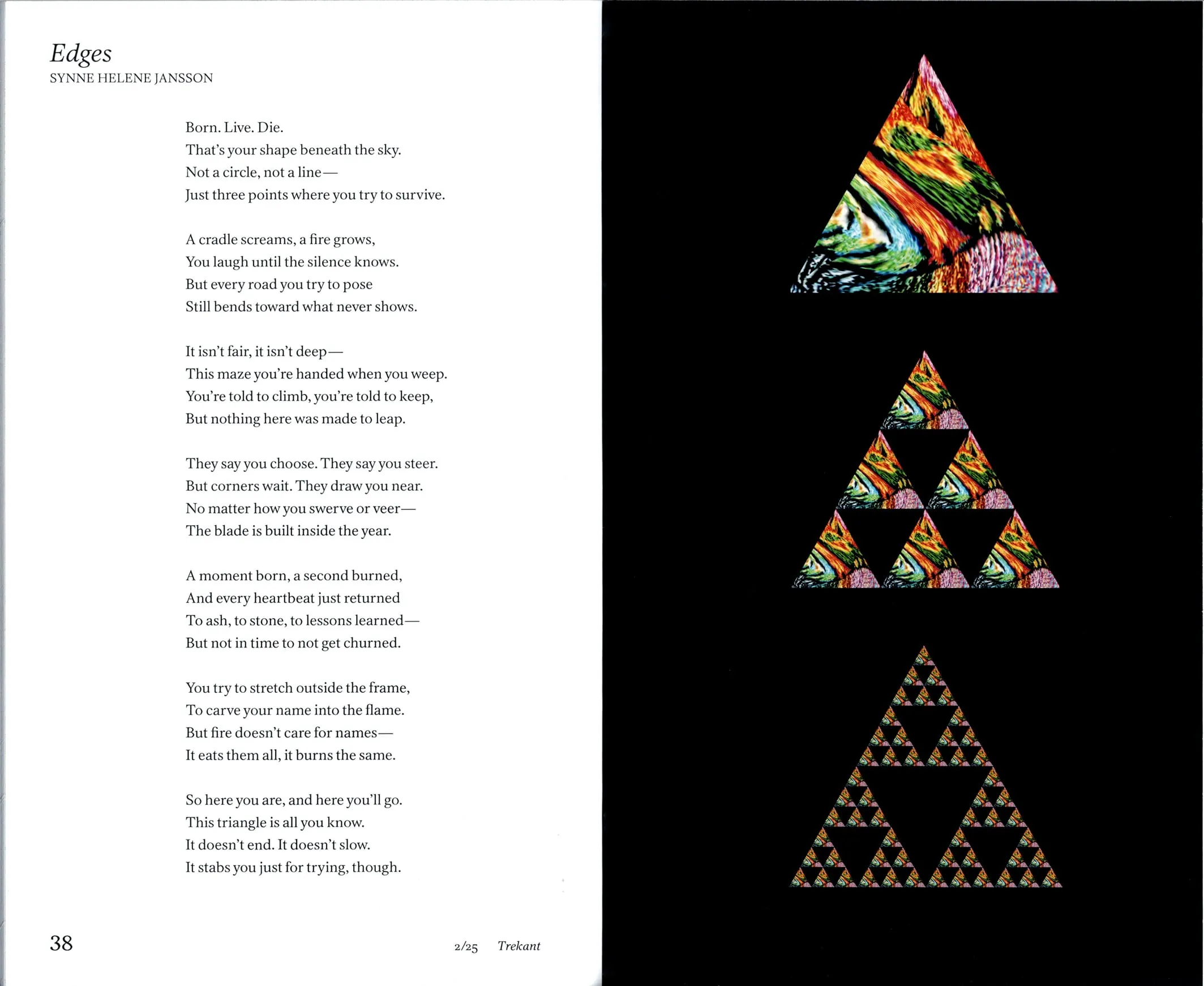Filologen 2/25 spread with the poem 'Edges' beside colourful triangles on black forming a Sierpinski pattern