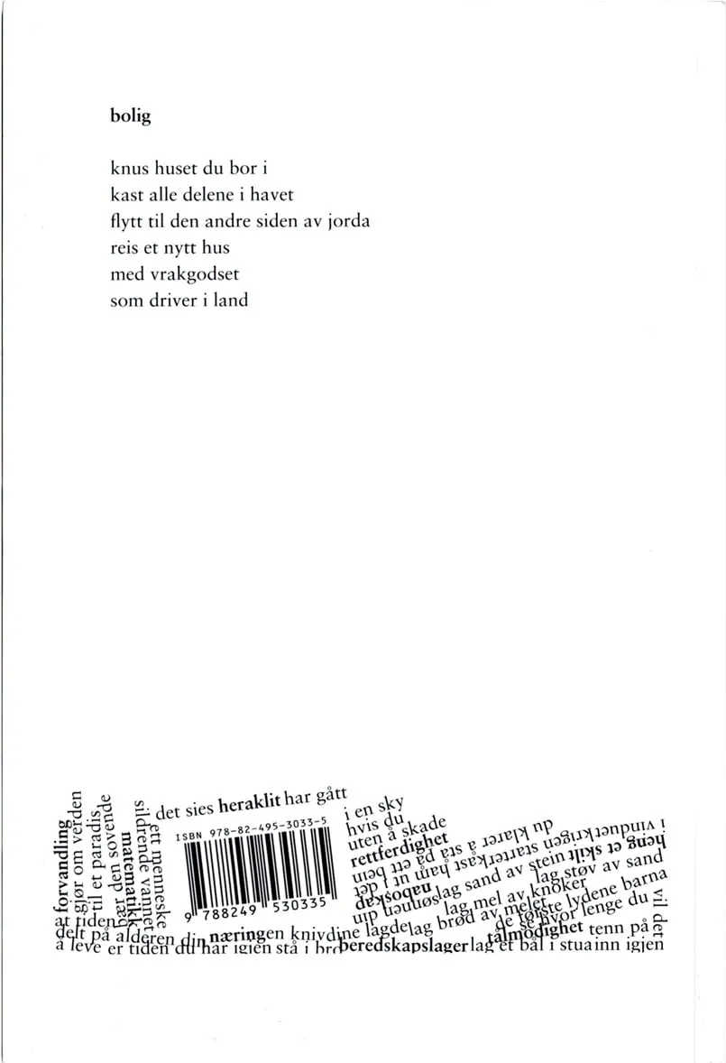 Back cover with a poem titled bolig, a barcode and a block of swirling text at the bottom