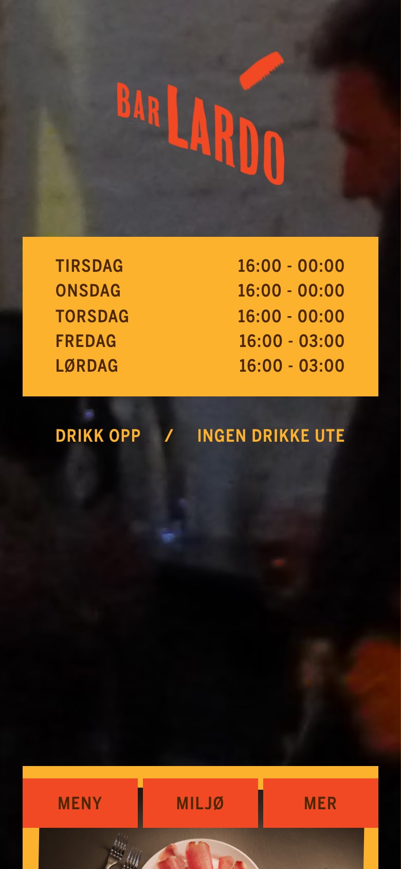 Bar Lardo website on a phone: orange logo, opening hours and the buttons Meny, Miljø, Mer