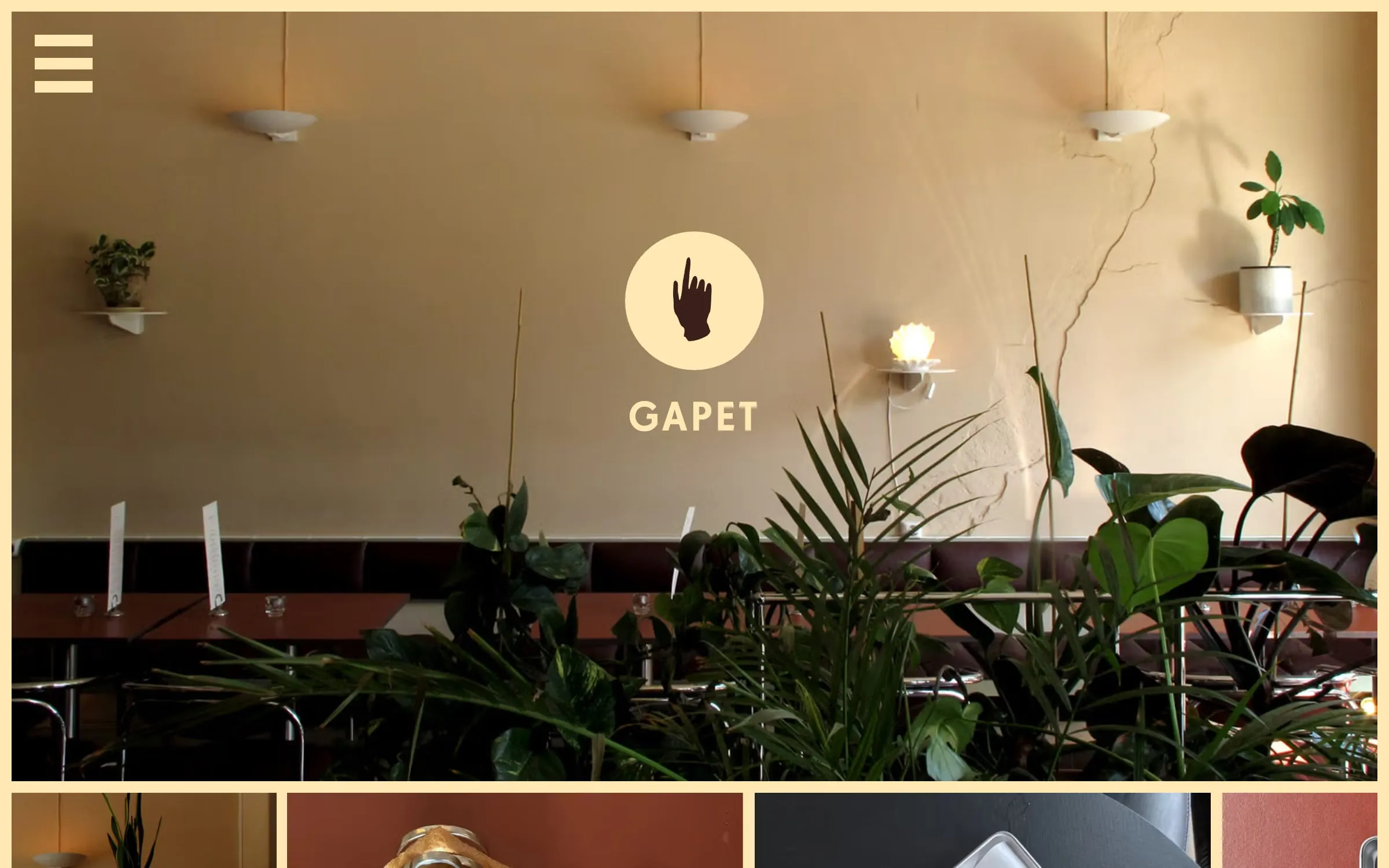 GAPET website on a laptop: round hand logo and the name GAPET over a warm photo of the restaurant with plants and lamps