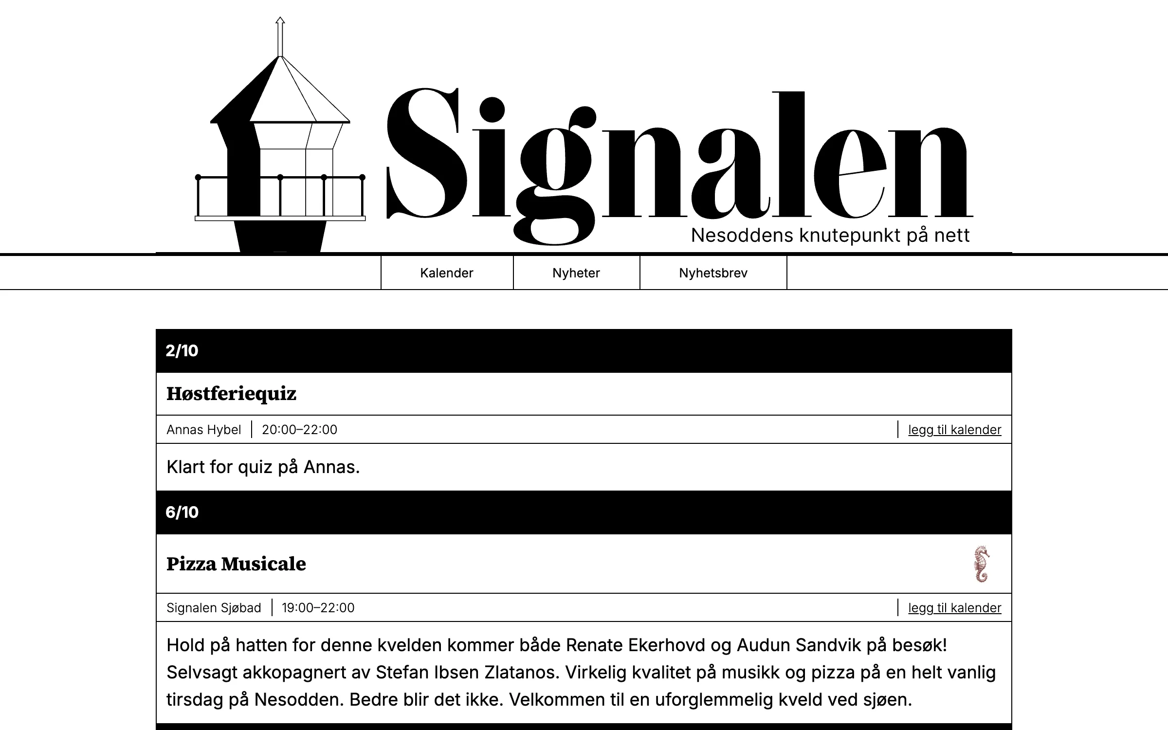 Signalen website on a laptop: lighthouse logo and the name Signalen, Nesoddens knutepunkt på nett, above a calendar of events in black-barred boxes