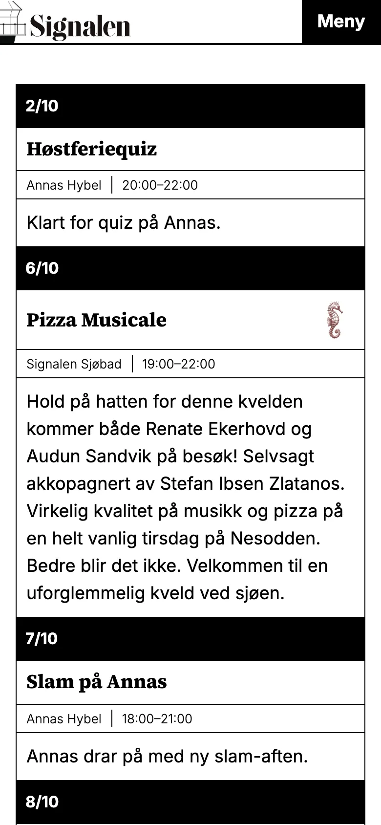 Signalen website on a phone: small logo, menu button and the event calendar
